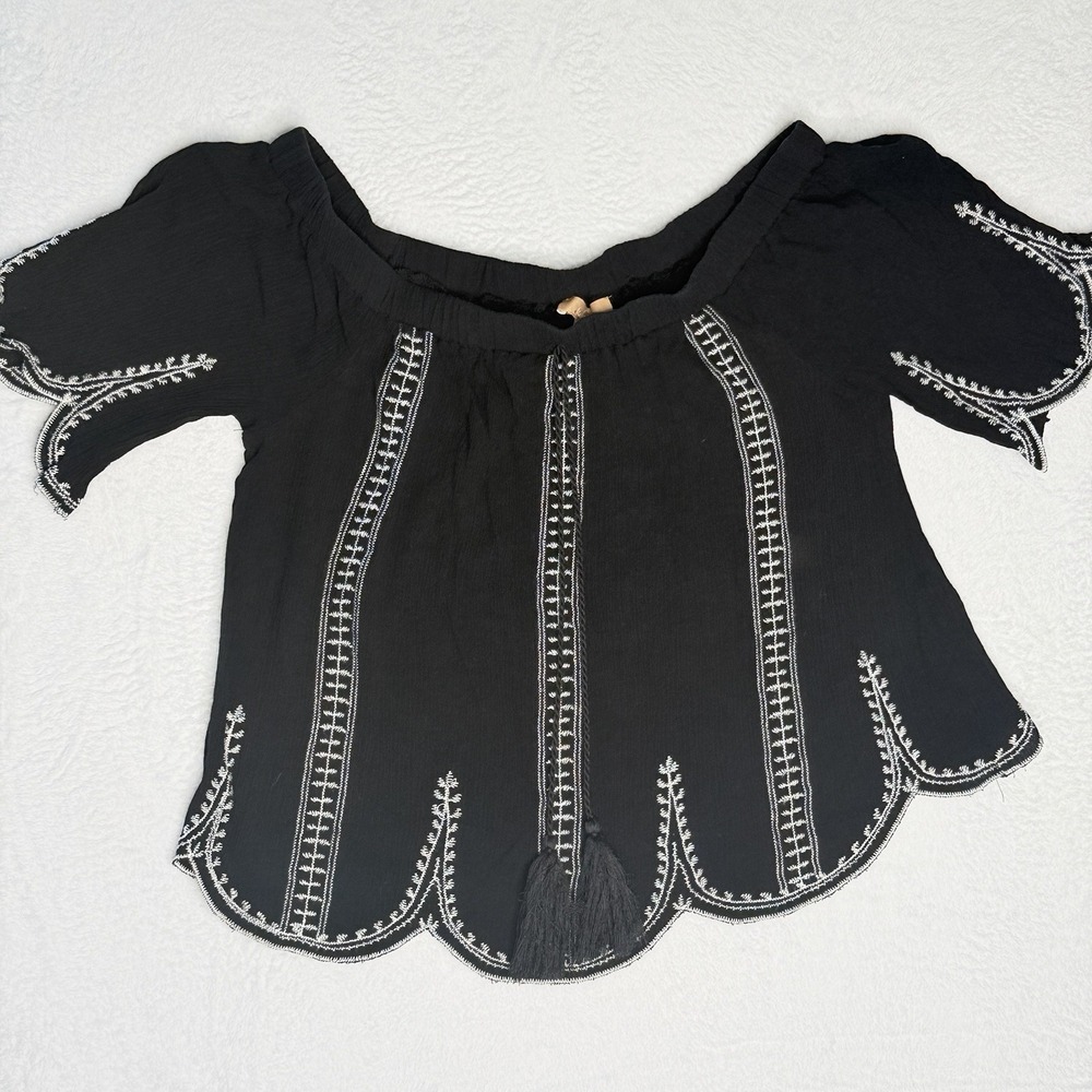 Takara Womens S Black Embroidered Off Shoulder Blouse Boho Bell Sleeve Tassel